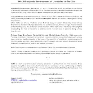 Press Release, Ixaltis-IND, October 2017