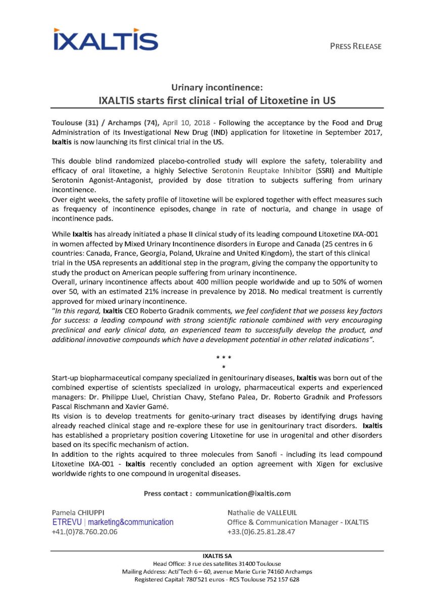 Press Release, Ixaltis-US Study starts, April 2018