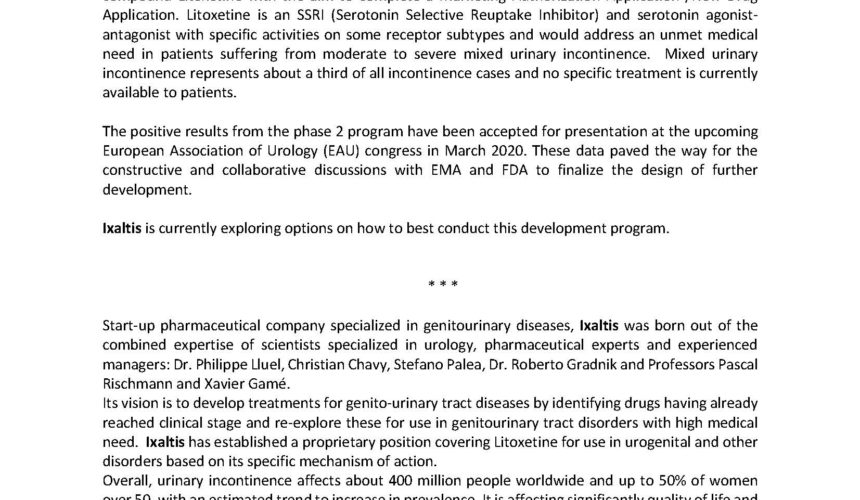 Press Release, Ixaltis – Completion of Scientific Advice and End-of-Phase 2 interactions with EMA and FDA respectively, February 2020